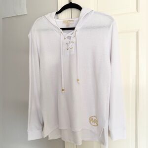 Michael Kors White Hooded Lace-Up Knit Top with Gold Accents